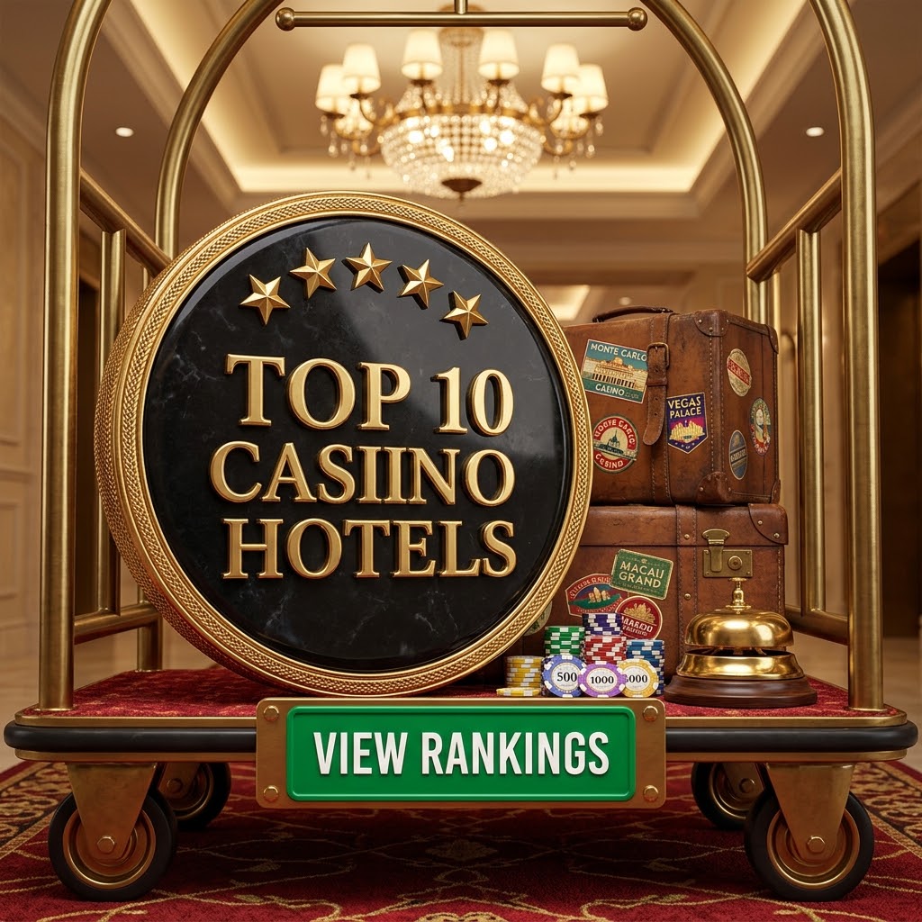 Luggage cart in a hotel lobby with a sign for the top 10 casino hotels
